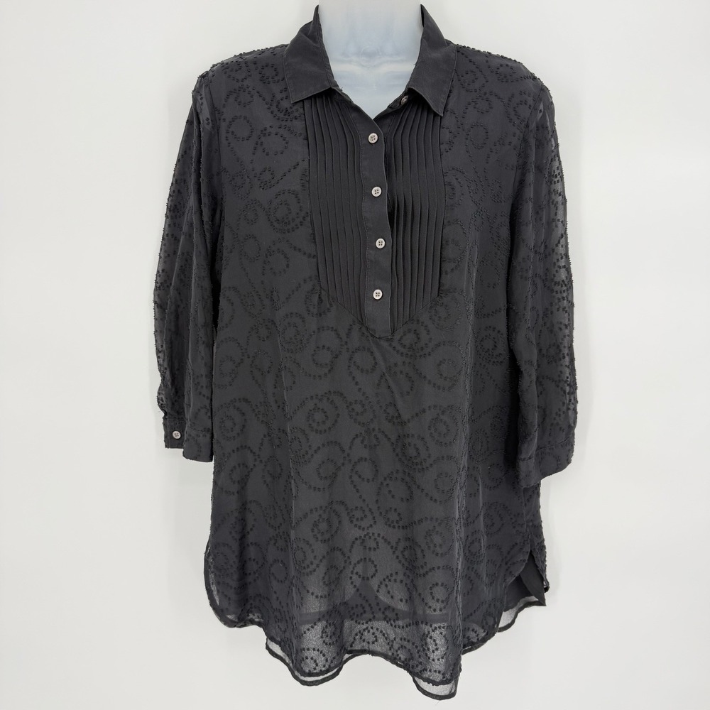 J. McLaughlin‎ Sz M Clip Dot Silk Cotton Lined Collared 3/4 Sleeve Tunic Blouse